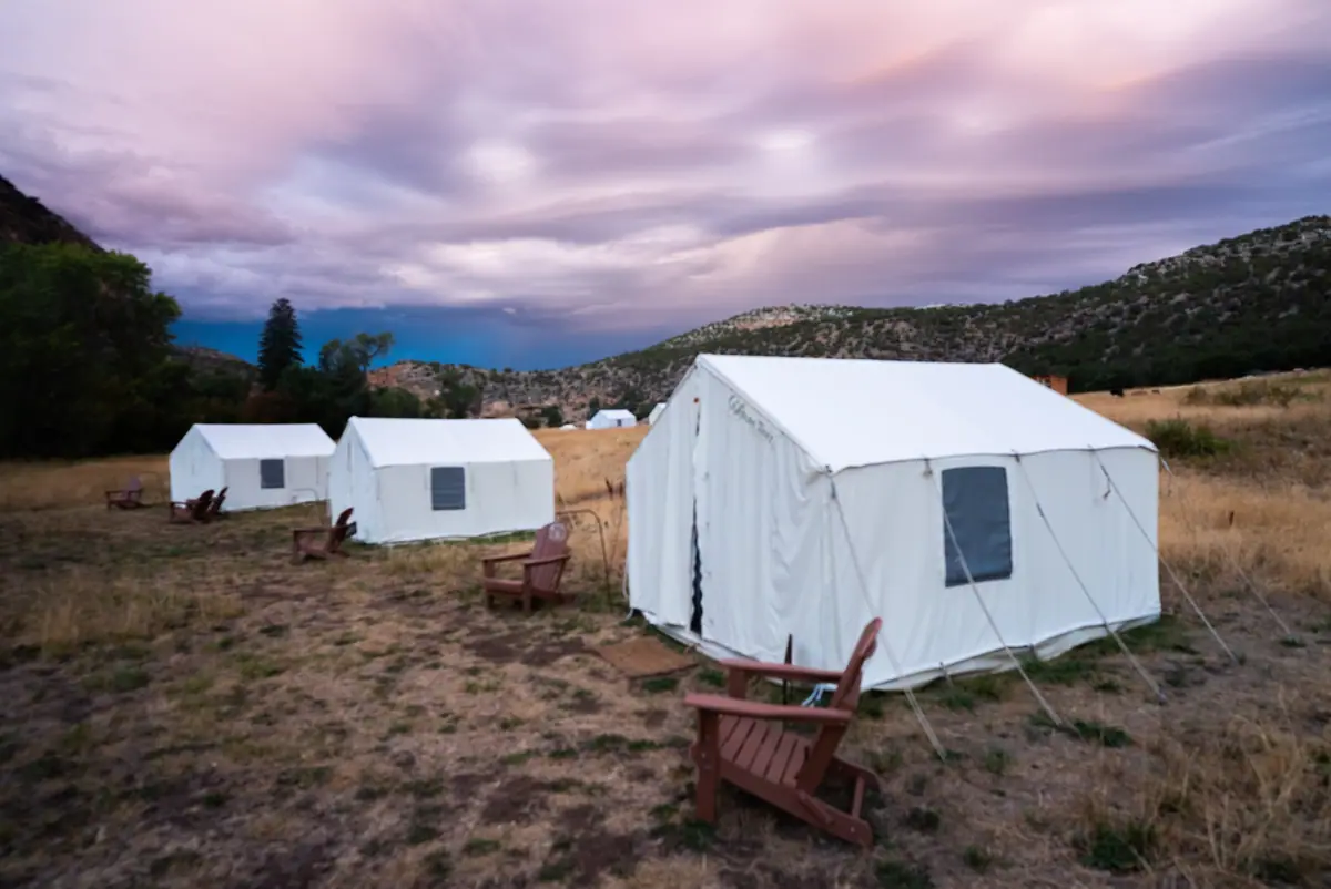 Safari tents at dusk, Paintrock Canyon Ranch, Wyoming